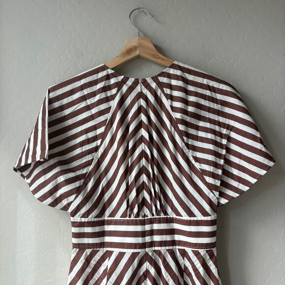 NEW Oroton Dress‎ Striped V-Neck Flutter Sleeve Midi Dress Brown White Size 8 - Picture 8 of 10